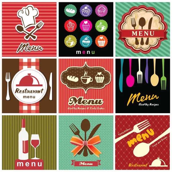 Ilustração de etiqueta retro vintage com coleção de design de menu de restaurante — Vetor de Stock