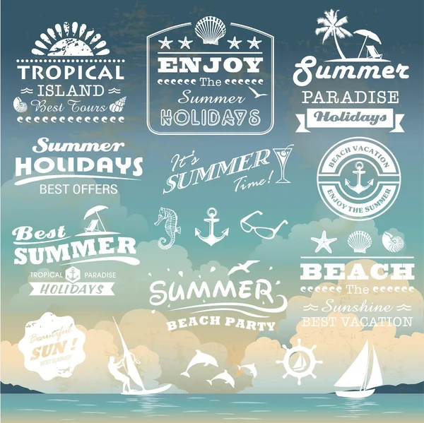 Diseño tipográfico vintage de verano con etiquetas, colección de elementos de iconos — Vector de stock