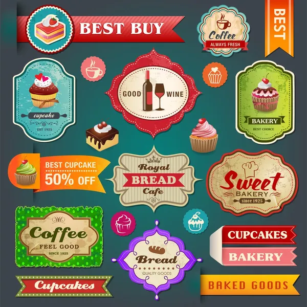 Collection of vintage retro bakery labels, badges and ribbons — Stock Vector