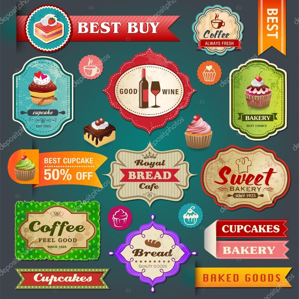Collection of vintage retro bakery labels, badges and ribbons