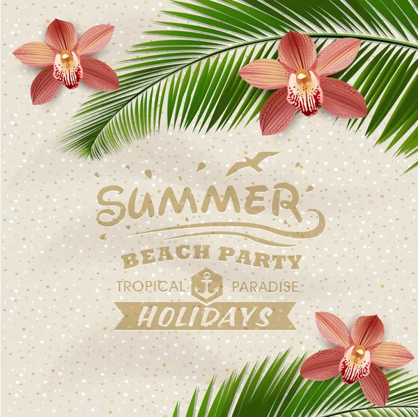 Sandy beach vector background with leaves of palm tree and orchid flower — Stock Vector