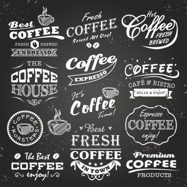 Collection of coffee shop sketches, labels and typography design on a chalkboard background clipart