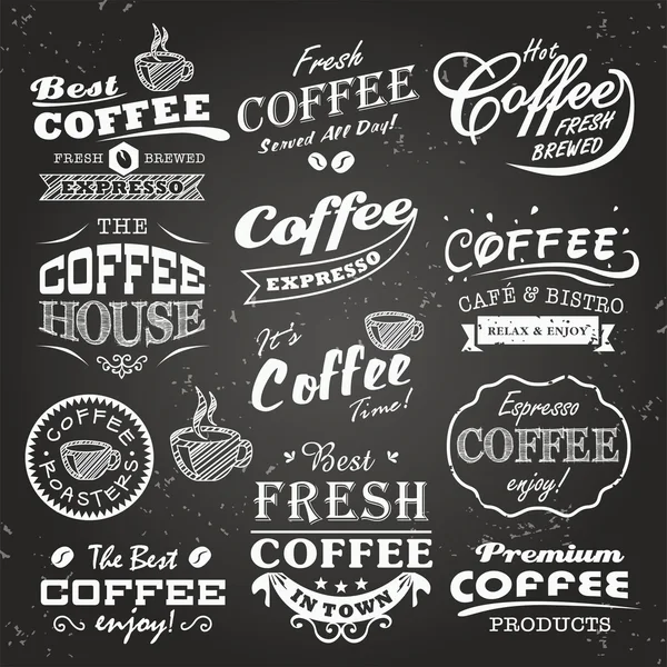 Collection of coffee shop sketches, labels and typography design on a chalkboard background — Stock Vector