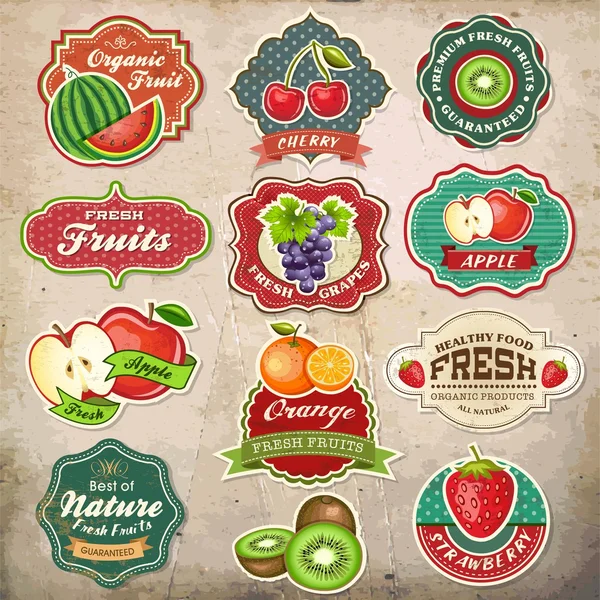 Collection of vintage retro grunge fresh fruit design elements — Stock Vector