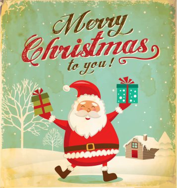 Vintage kış manzarası ile Noel Baba. vektör çizim