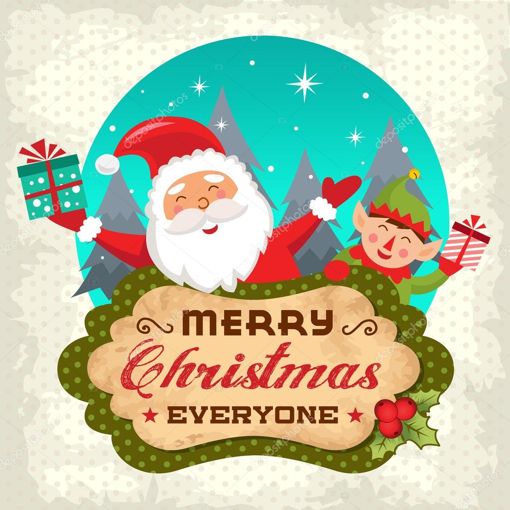 Retro Christmas background with Santa claus and Christmas elf