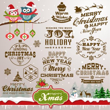 Noel tasarım öğeleri vintage etiketleri, simgeler ve tipografi tasarım koleksiyonu