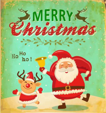 Vintage Noel kartı ile sevimli Noel Baba ve Noel reindeer