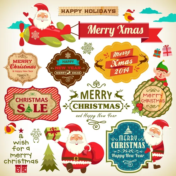 Noel Baba, Noel elf vintage etiketleri, süs eşyaları ve Noel için simge öğeleri kümesi