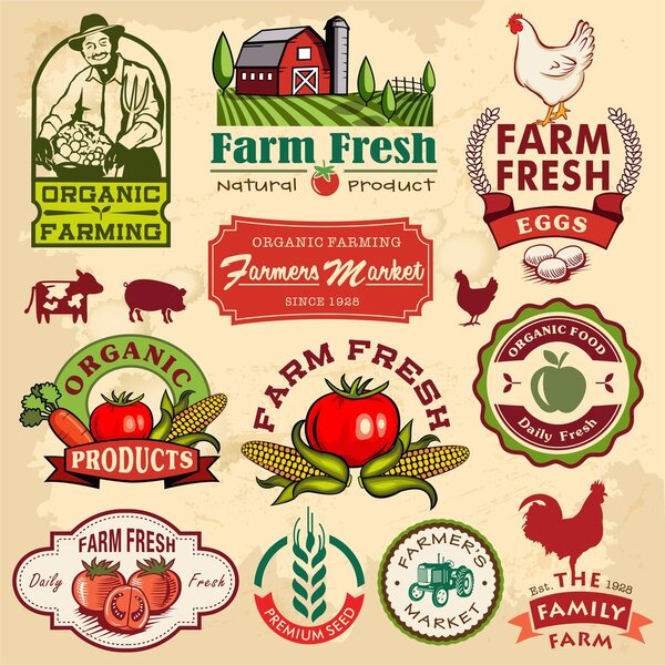 Collection of vintage retro farm labels and design elements