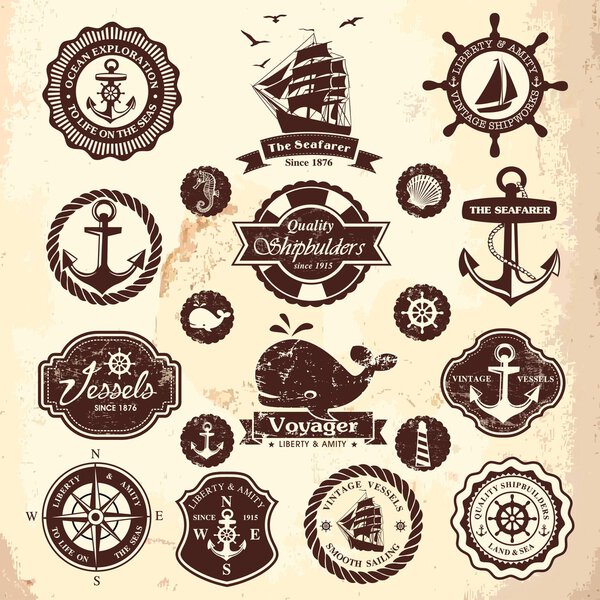 Collection of vintage retro nautical labels, badges and icons
