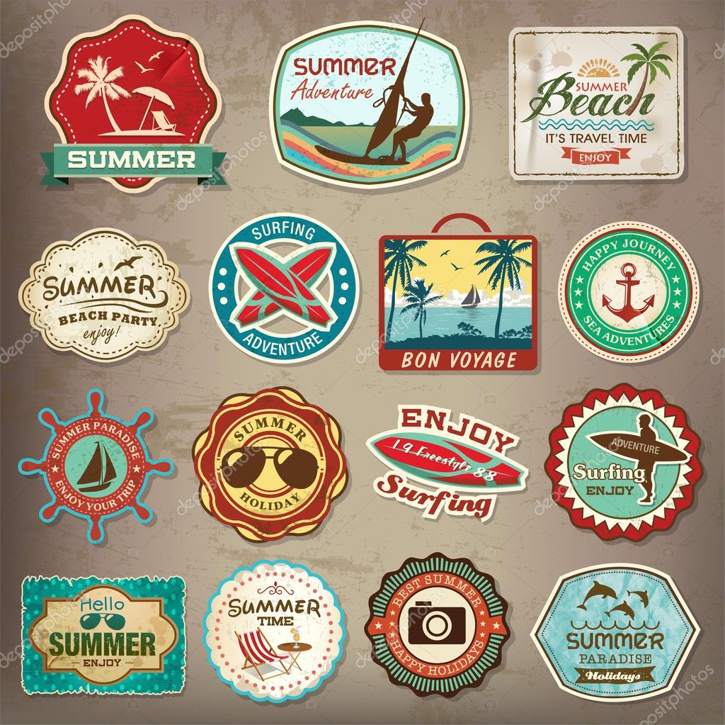 Collection of vintage retro grunge summer labels, labels, badges and icons