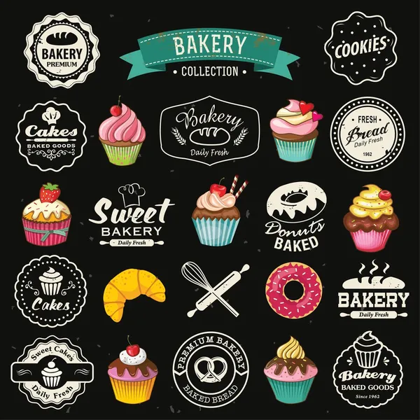 Collection of vintage retro bakery badges and labels on chalkboard. Hand lettering style with cupcakes, croissants, donuts, breads, pretzel and cookies. — Stock Vector