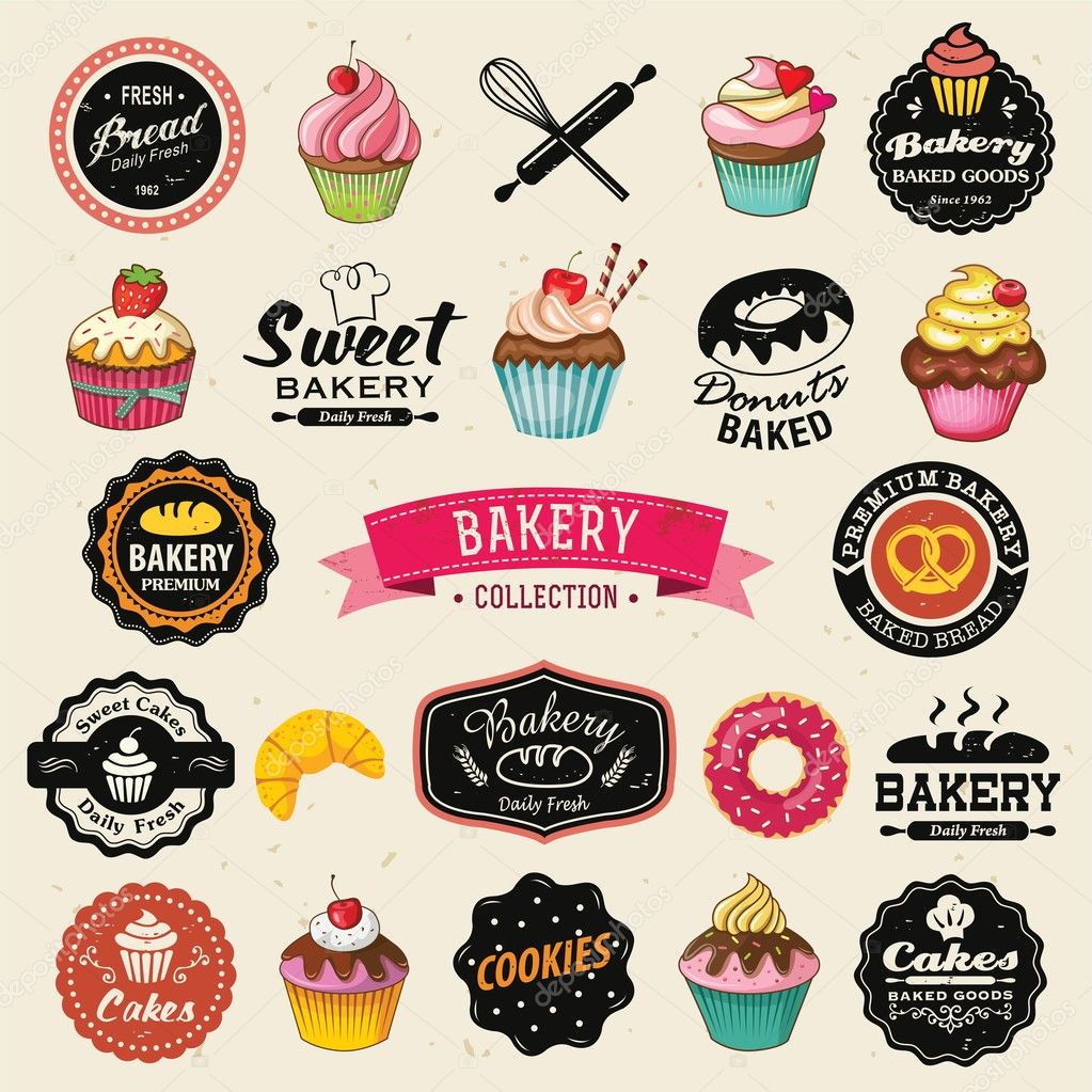Collection of vintage retro bakery badges and labels. Hand lettering style with cupcakes, croissants, donuts, breads, pretzel and cookies.