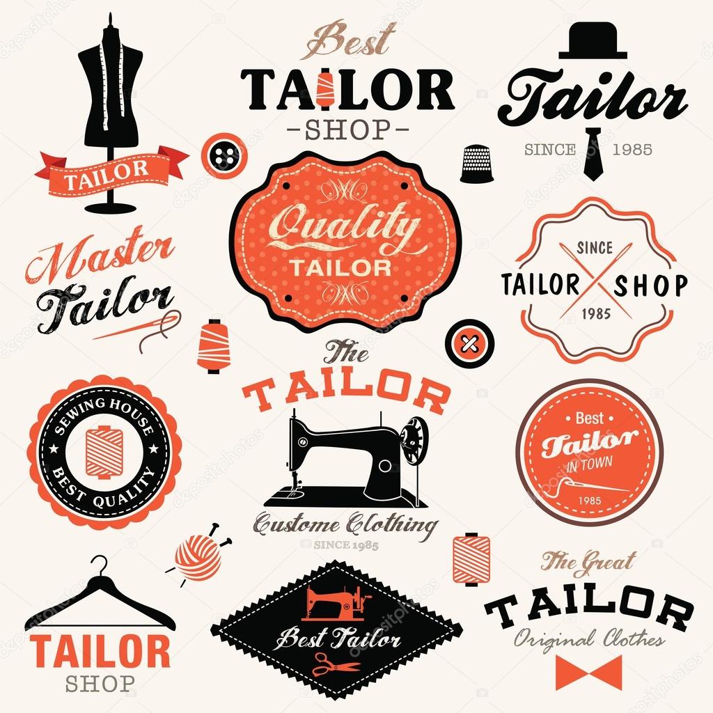 Collection of vintage retro tailor labels, badges and icons