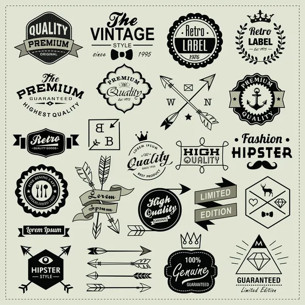 Vintage etiketleri, oklar, kurdeleler, semboller ve tasarım öğeleri koleksiyonu — Stok Vektör