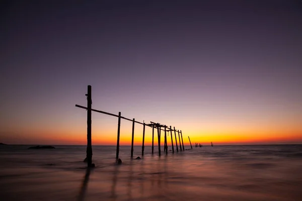 Landscape Old Wooden Bridge Colorful Sky Twilight Time Natai Khok — Fotografia de Stock