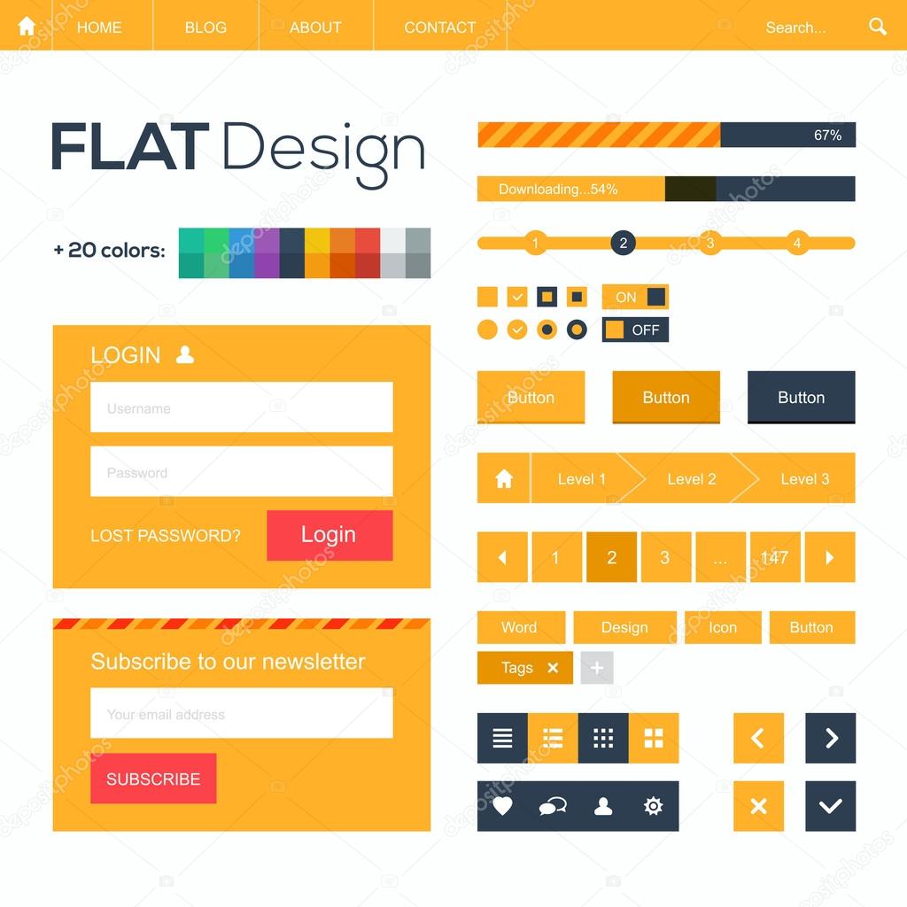 Flat web and mobile design elements, buttons, icons. Website template.