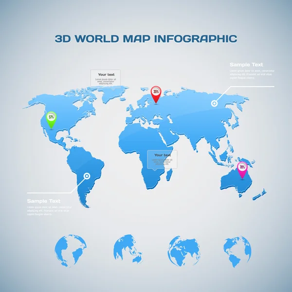 Infográfico do mapa do mundo 3D com ícones do globo —  Vetores de Stock