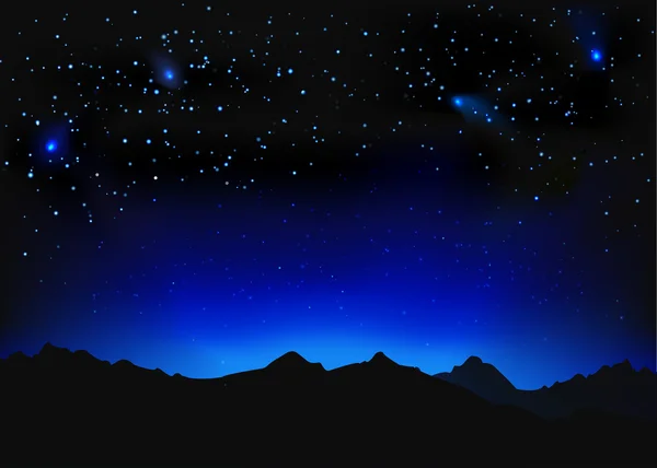 Hermoso paisaje de espacio nocturno con silueta montañas y estrellas — Vector de stock