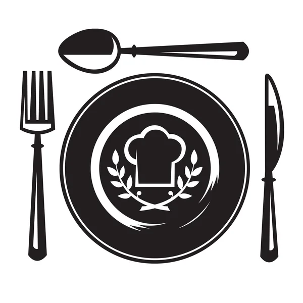 Couteau, fourchette, cuillère et assiette — Image vectorielle