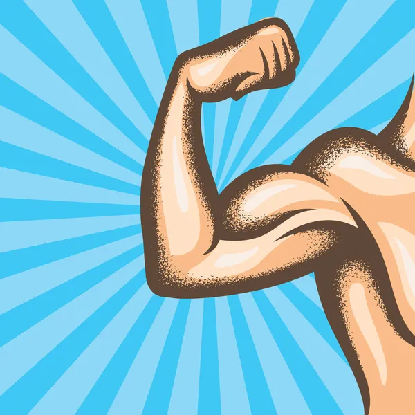 Ilustración Brazo Fuerte Con Bíceps Musculares Aislados Sobre Fondo Azul — Archivo Imágenes Vectoriales