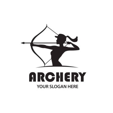 Beyaz arka planda yay ve okla izole edilmiş okçu kız amblemi