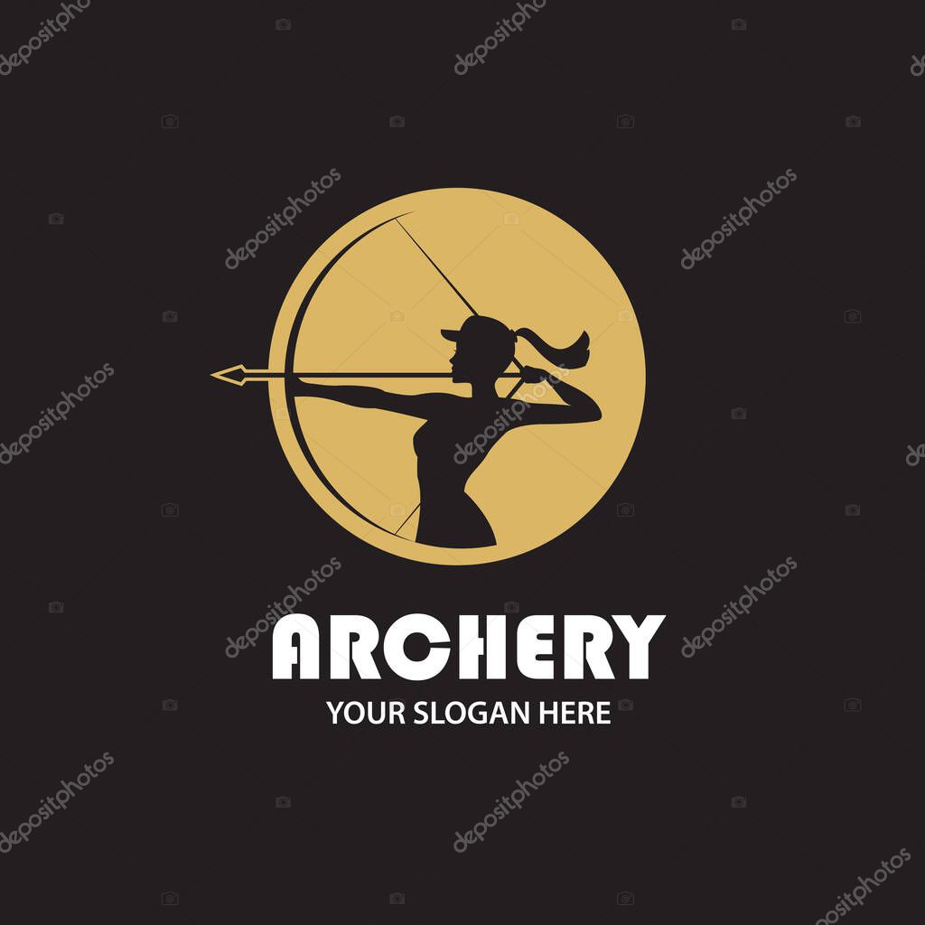 Emblem of archering girl with bow and arrow isolated on black background