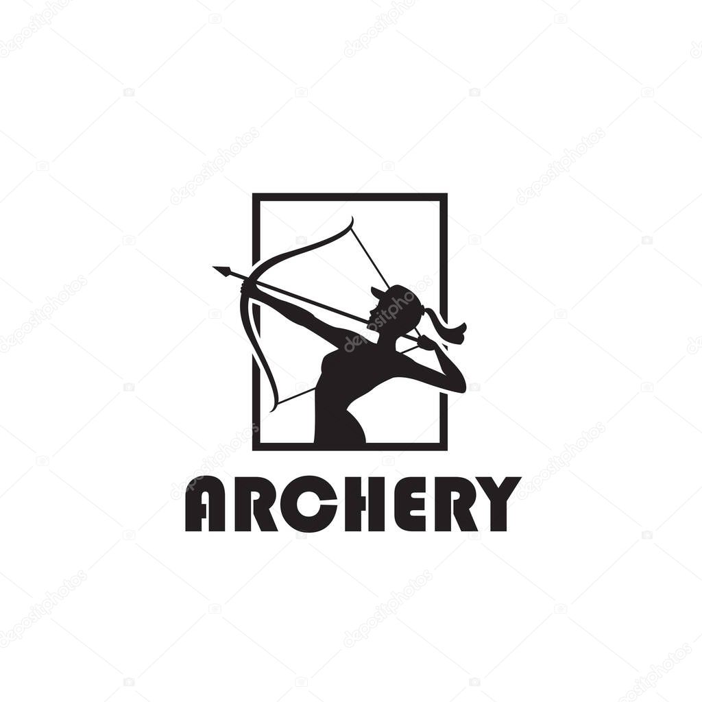 Emblem of archering girl with bow and arrow isolated on white background