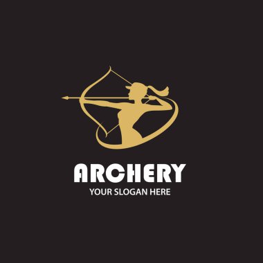 Okçu kız amblemi siyah arka planda yay ve okla izole edilmiş.