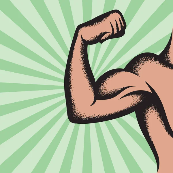 Illustration Eines Starken Arms Mit Muskulösem Bizeps Auf Grünem Hintergrund — Stockvektor