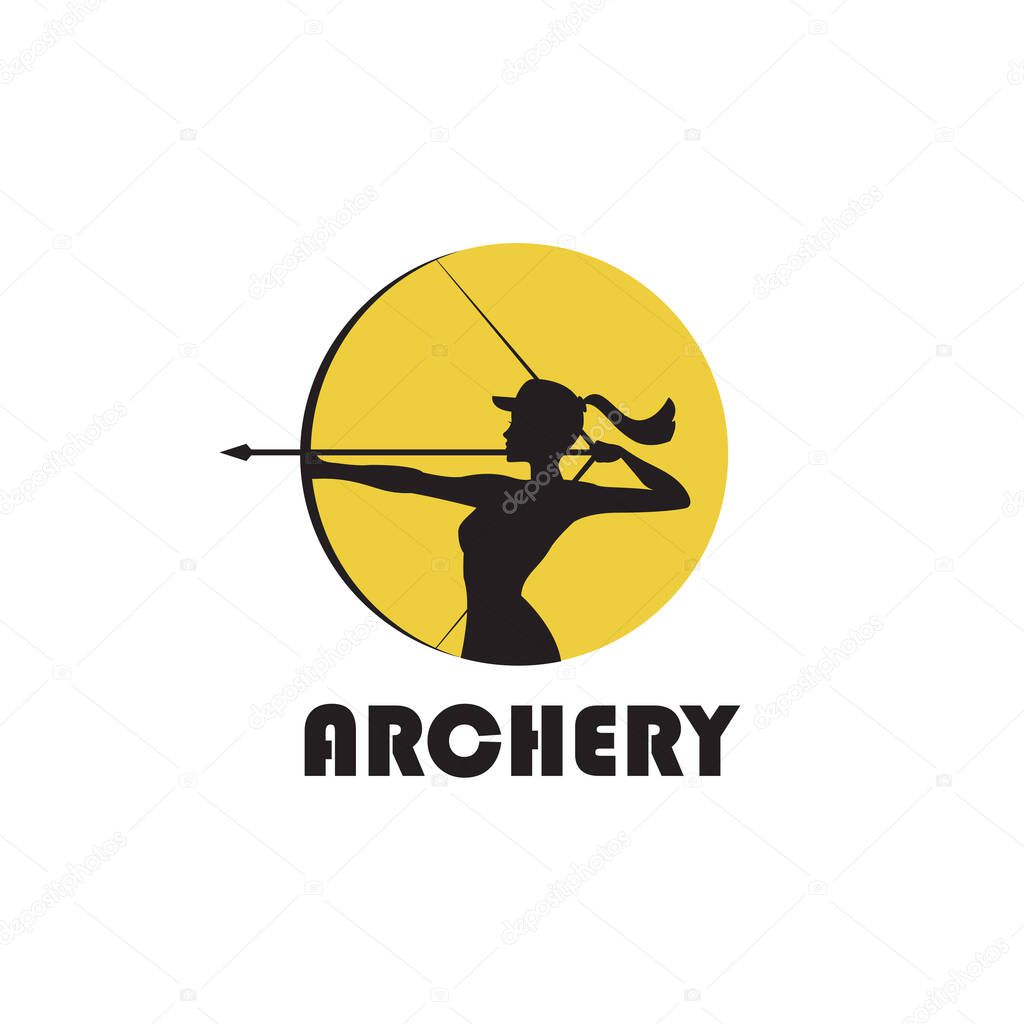 emblem of archering girl with bow and arrow isolated on white background