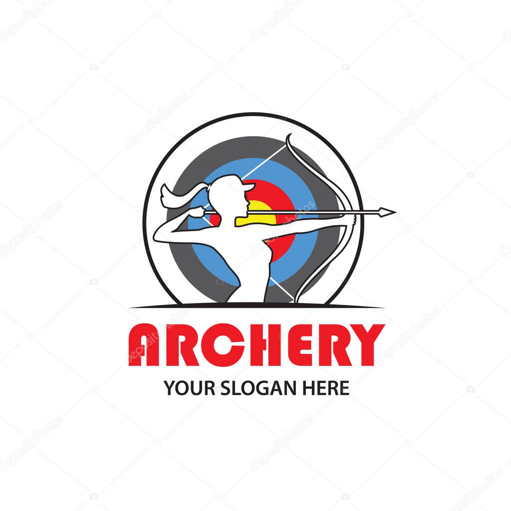 Emblem of archering girl with bow and arrow isolated on white background