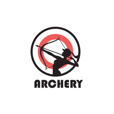 Beyaz arka planda yay ve okla izole edilmiş okçu kız amblemi