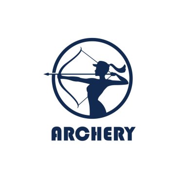 Beyaz arka planda yay ve okla izole edilmiş okçu kız amblemi