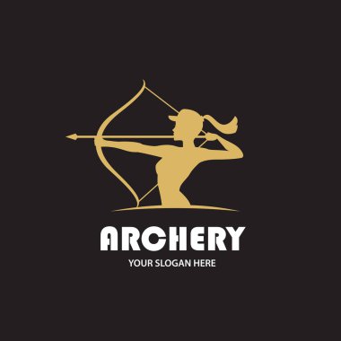 Okçu kız amblemi siyah arka planda yay ve okla izole edilmiş.