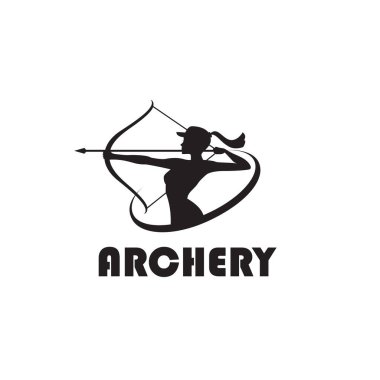 Beyaz arka planda yay ve okla izole edilmiş okçu kız amblemi