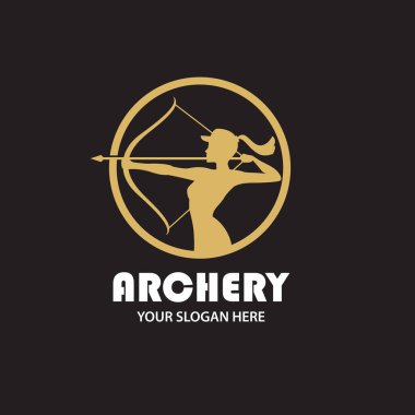Okçu kız amblemi siyah arka planda yay ve okla izole edilmiş.