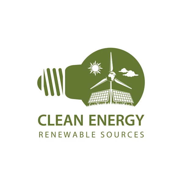 Icono Energía Renovable Con Bombilla Turbina Eólica Panel Solar Aislados — Vector de stock