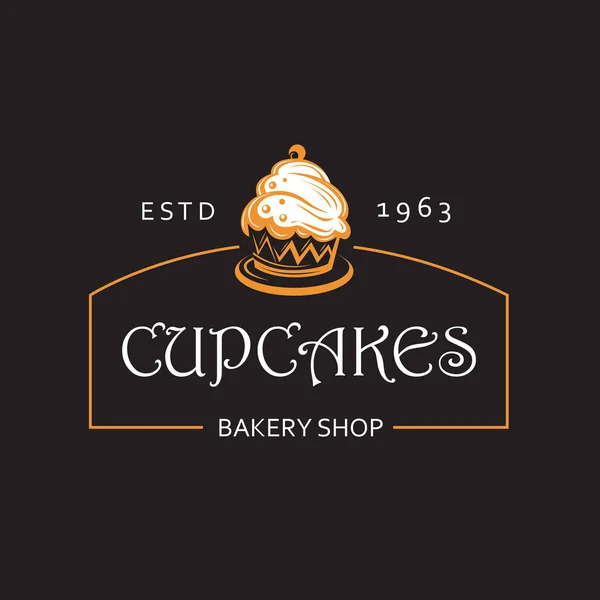Étiquette Avec Cupcake Pour Boulangerie Isolée Sur Fond Noir — Image vectorielle