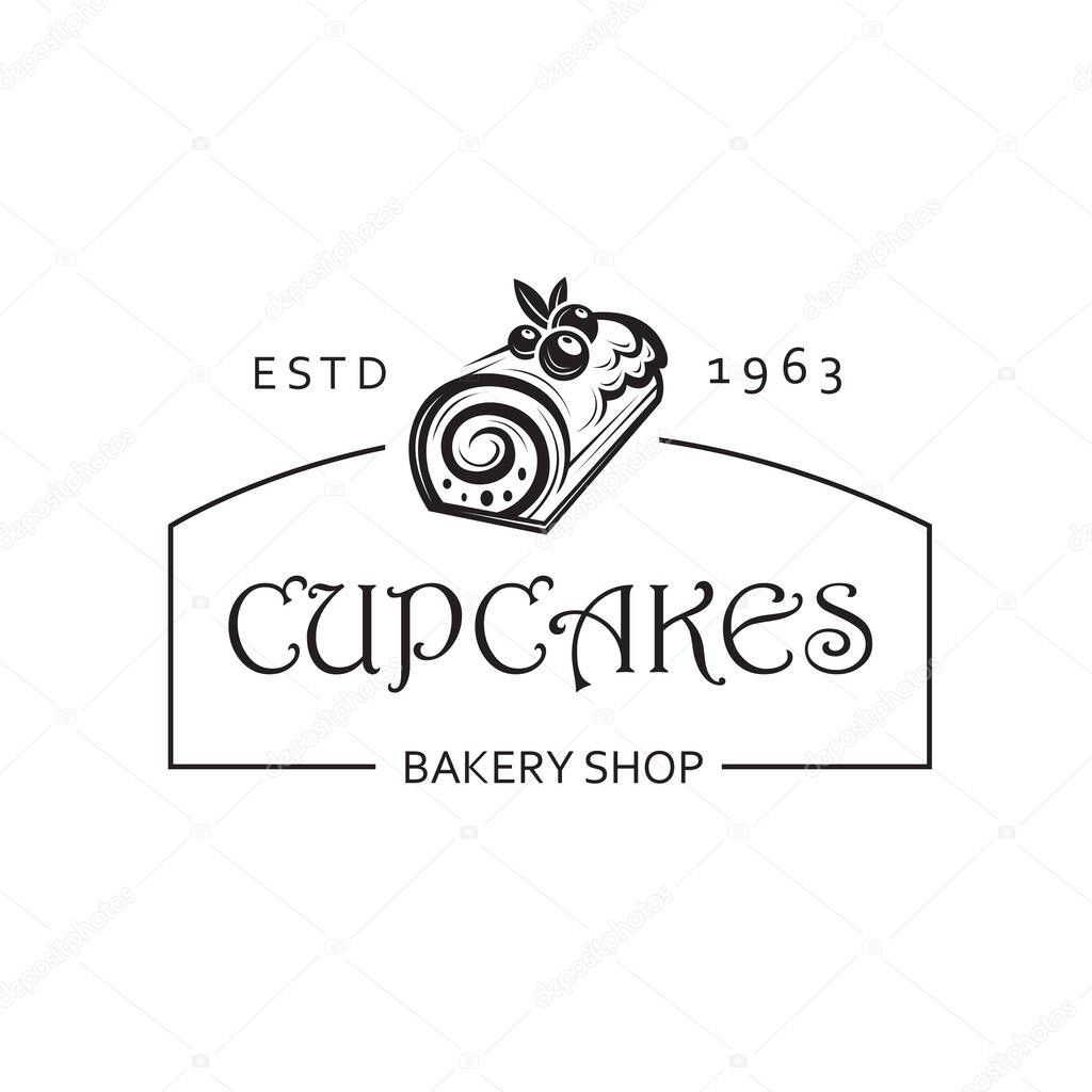Black label with cupcake for bakery shop isolated on white background