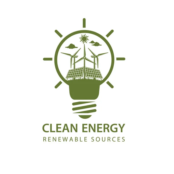 Symbol Für Erneuerbare Energien Mit Glühbirne Windkraftanlage Und Solarmodul Isoliert — Stockvektor
