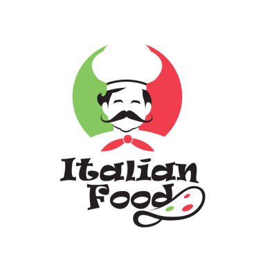 Beyaz arka planda aşçı ve bıyıklı İtalyan yemek amblemi.