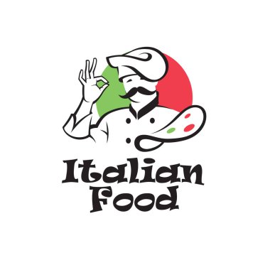 Beyaz arka planda aşçı ve bıyıklı İtalyan yemek amblemi.