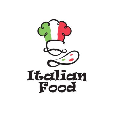 Beyaz arka planda aşçı ve bıyıklı İtalyan yemek amblemi.