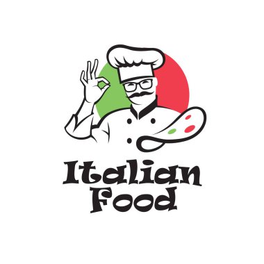 Beyaz arka planda aşçı ve bıyıklı İtalyan yemek amblemi.