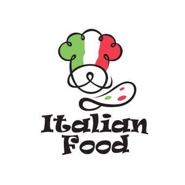 Beyaz arka planda aşçı ve bıyıklı İtalyan yemek amblemi.