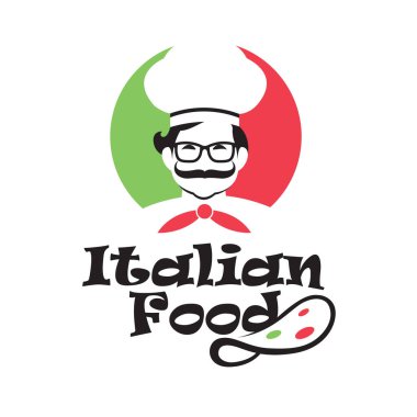 Beyaz arka planda aşçı ve bıyıklı İtalyan yemek amblemi.