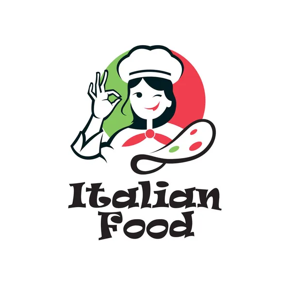 Italienische Lebensmittel Emblem Mit Koch Frau Isoliert Auf Weißem Hintergrund — Stockvektor
