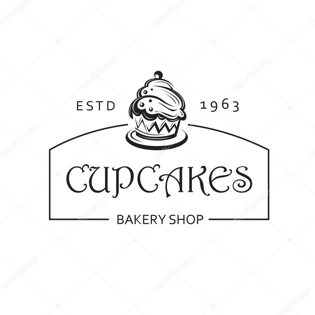Label with cupcake for bakery shop isolated on white background